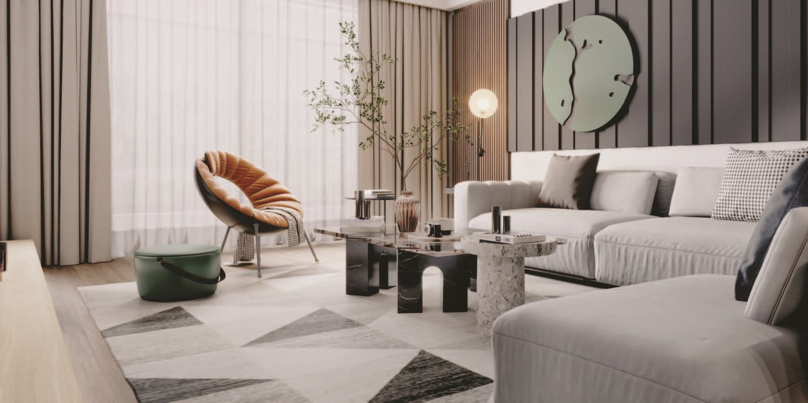 Stylish and spacious living room with premium finishes at Sunteck Sky Park Mira Road.