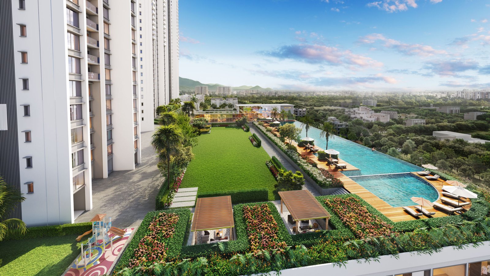 Resort-style swimming pool surrounded by lush greenery at Sunteck Sky Park Mira Road.