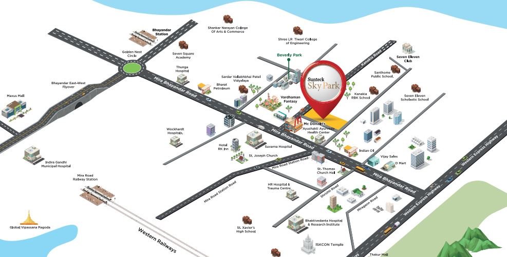 Detailed location map showing nearby landmarks and connectivity options at Sunteck Sky Park Mira Road.